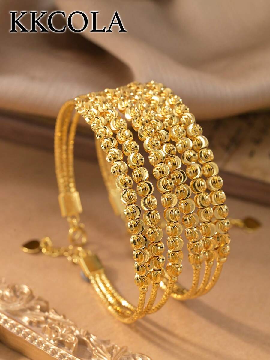 KKCOLA 1pc Fashionable Multi-Coil Beaded Bracelet With Wavy Pattern, Bohemian Style, Party/Festival Gift, Jewelry Accessory, Daily Wear - Yellow Gold - View 1
