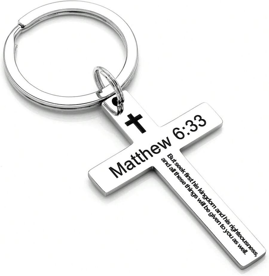 Llavero con versículo bíblico y cruz cristiana, llavero de cruz para hombres y mujeres con escritura religiosa, regalo de Navidad - Mateo 6:33 - Ver 1