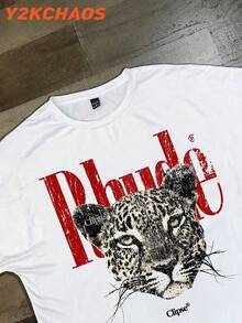 Y2KCHAOS Retro Streetwear Graphic Tee With Bold Leopard Print And Rhude-Style Typography, Oversized Fit For Urban Fashion Lovers, Perfect For Youth And -Setting Individuals Seeking Edgy Statement Wear, Vintage Style (220 Pure Cotton T-Shirt) Manfinity - 白色 - 查看 2