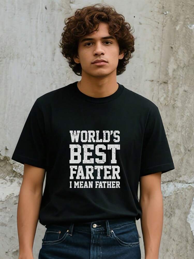 Camisa de T para Hombre con Frase "World's Best Farter I Mean Father" -  Modernas cuello redondo mangas cortas casual tela de algodón puro peso ligero usar todo el año estampde moda casual y cómodo damas adecuado para ropa casual y regalos transpirable de los hombres camisetas de broma camisetas de texto mangas cortas de verano patrones retro Divertidas camisetas divertido y único 1pc - Negro - Añade 2