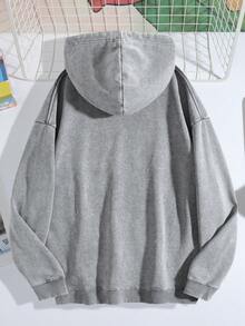 Halloween "Spooky Lane" Ghost House, Pumpkin Lantern & Crow Print"Nightmare Before Christmas, Horror. American Retro Print Pattern 1Pcs 500g Pure Heavy 100% Cotton Cordless Sweatshirt, Letter Spring/Fall Winter All Loose Washed Popover , Christmas Halloween Thanksgiving Day  New Year, Y2K Street  Hip-Hop Campus Fashion Style, Suitable For Parties And Play - 灰色 - 查看 2