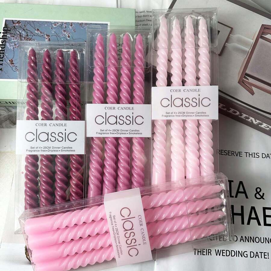 4pcs 10-Inch Spiral Candles, Light/Dark Pink/Muted Color Series, Suitable For Home Decor, Wedding Decor, Dining Table Decor, Best Friend Gifts, Women's Gifts, Winter Gifts, Birthday Decor, Candlelight Dinner, Candle Holders, Formal Dinner, Wedding - Multicolor - View 1