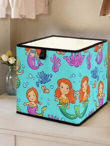 1 pieza Caja de almacenamiento abierta con estampado de sirena de dibujos animados, organizador apilable, diseño resistente y de múltiples usos que ahorra espacio para el hogar, dormitorio, organización del hogar, almacenamiento debajo de la cama