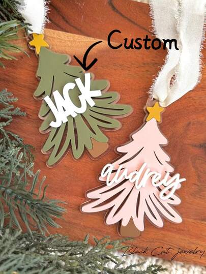 Personalized Christmas Tree Acrylic Keychain, Red & Green, Customized Name, Gift For Kids