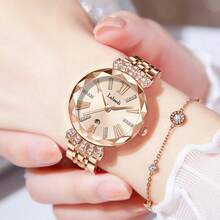 1 Stück Damenuhr Roségold beschichtetes Gehäuse mit goldenem Zifferblatt, Roségold Edelstahl Armband, römische Ziffern & Diamantskala Quarzuhr, geeignet für den täglichen Gebrauch, High-End-Luxus, LA313