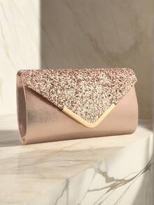 Gift Love Holiday Date Silver Clutch Bags V Metal Chain Glitter Sequined Evening Bags Envelope Party Wedding Casual Lady Handbags Banquet Dinner Purse - Champagne - View 7