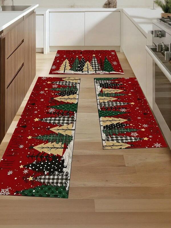 1 Stück Weihnachts-Küchenteppich, Winter Schnee Grüner Weihnachtsbaum Teppich, rutschfeste waschbare Küchenunterlage, moderne Landhausstil saugfähige schnell trocknende Küchenbodenmatte, roter Teppich für Partys, Heimdekoration, Innenbereich Eingangsmatte, geruchslos dicker Küchenbodenteppich, rutschfester dekorativer Küchenteppich, roter Teppich, schmutzresistent leicht zu reinigen Fußmatte