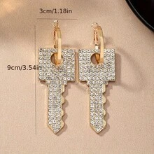 Bohemian Style Large Key Pendant Earrings With Shiny Rhinestones - Zinc Alloy, Suitable For Daily And Vacation Wear - 金色 - 查看 4