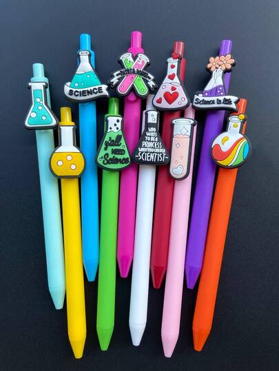 Conjunto de 10 canetas esferográficas adesivas para reagentes químicos de laboratório, canetas neutras com tema de experimento científico em PVC, adequadas para volta às aulas, exames, lembrancinhas, material escolar e de escritório
