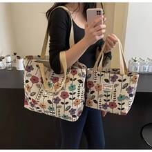 Lightweight Printed Canvas Shopping Bag, Cosmetic Bag, Zipper Closure, No Lining, Multi-Function Attendance Handbag, Suitable For Casual Shopping And Storage - Màu Đỏ Sâu - Xem 2