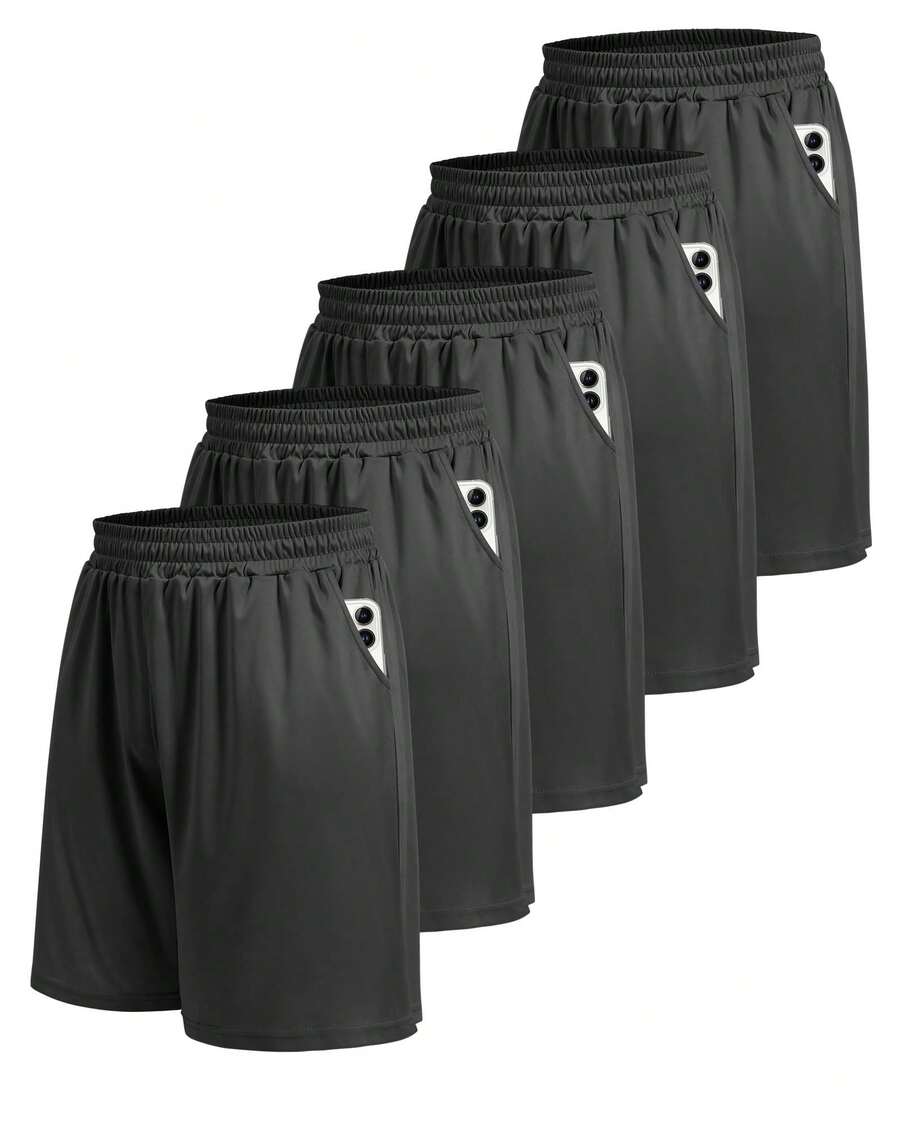 5 Pack Athletic Gym Mens Shorts - Workout Black Quick Dry Basketball Shorts With Pockets For Running Casual Activewear - 黑色+黑色+黑色+黑色+黑色 - 查看 1