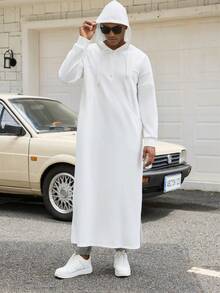 Kamisweat 穆斯林男士连帽黑色长袍，适合礼拜、度假、日常休闲、轻运动穿着。舒适的面料设计，简洁时尚的前胸拉链设计，两侧斜插口袋更加灵活，下摆两侧开衩设计，不易绊倒。多种颜色可选，蓝色、深绿色、橄榄绿、红色、卡其色、白色、灰色、棕色、紫色、红色，总有一款适合您。