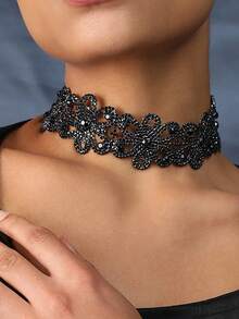 1pc Black Fashion Crystal Rhinestone Choker Necklace, Layered Necklace For Women - Black - View 7