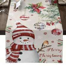 1pc Cute Christmas Snowman & Flower Tabletop Flag, Red Ball Winter, Red Bird Tablecloth Scarf Dining Table Party Home Decor Christmas Decoration - Multicolor - View 13