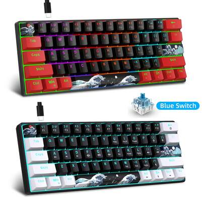 机械游戏键盘，蓝色开关和彩色背光 61 键小型紧凑便携式 60% 游戏键盘，适合游戏玩家（蓝色开关）