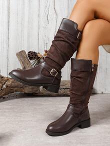 Botas de Tornozelo Retrô com Fivela para Mulheres Plus Size, Cor Sólida, Outono/Inverno, Design de Zíper Lateral e Cano Médio, Prático e Fashion. Forro Térmico para Aquecimento, Sola Plana Confortável, Couro + Forro de Lã Melhora a Qualidade e Elegância do Calçado, Formato Elegante da Perna, Versátil para Passeios, Um Item Fashion Indispensável no seu Guarda-Roupa.