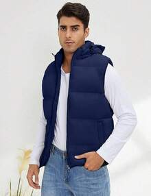 Men's Hooded Puffer Vest Sleeveless Zip Up Padded Jackets Coat Lightweight Quilted Gilet With PocketsChristmas FE2S - 深藍色 - 查看 2