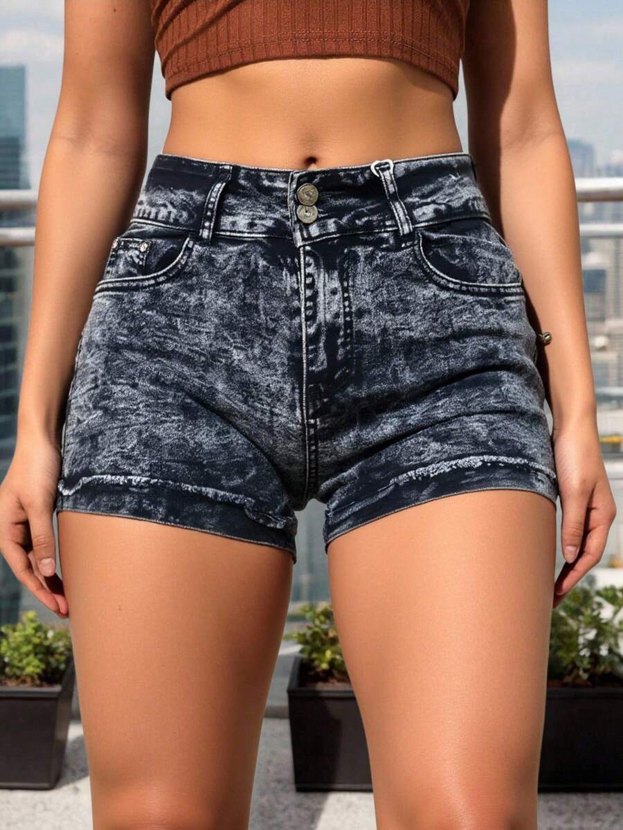 Pantalones cortos vaqueros lavados de tiro alto, diseño de doble botón, tejido suave y elástico, versátiles para looks casuales y a la moda. - Gris Oscuro - Ver 1