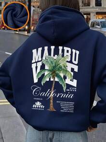 1件少女休闲印花套头卫衣，保暖内衬，长袖，秋冬季学生服装 - 藏蓝色 - 查看 7