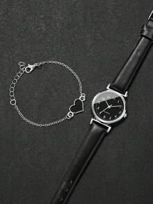 Set de 2 relojes de mujer - Reloj de pulsera de cuarzo con esfera pequeña y numérica de moda minimalista + pulsera con dije de corazón (caja de reloj no incluida) - Negro - Ver 5