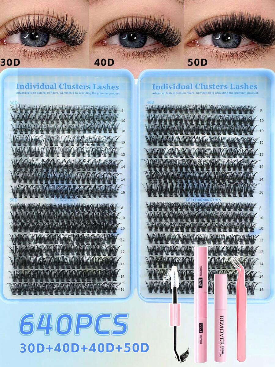 640 PCS Lash Cluster Kit, Lash Extension Kit, Individual Eyelash 30D+40D+50D,D-8-16MIX Cluster Eyelash Glue, Seal, Remover. - Multicolor - View 1