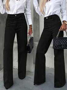 Women's Casual Pocket Straight Leg Jeans - Black - View 9