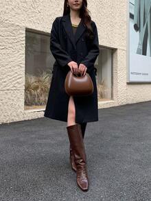 Casual Solid Color Lapel Double Breasted Jacket, Autumn - Black - View 9