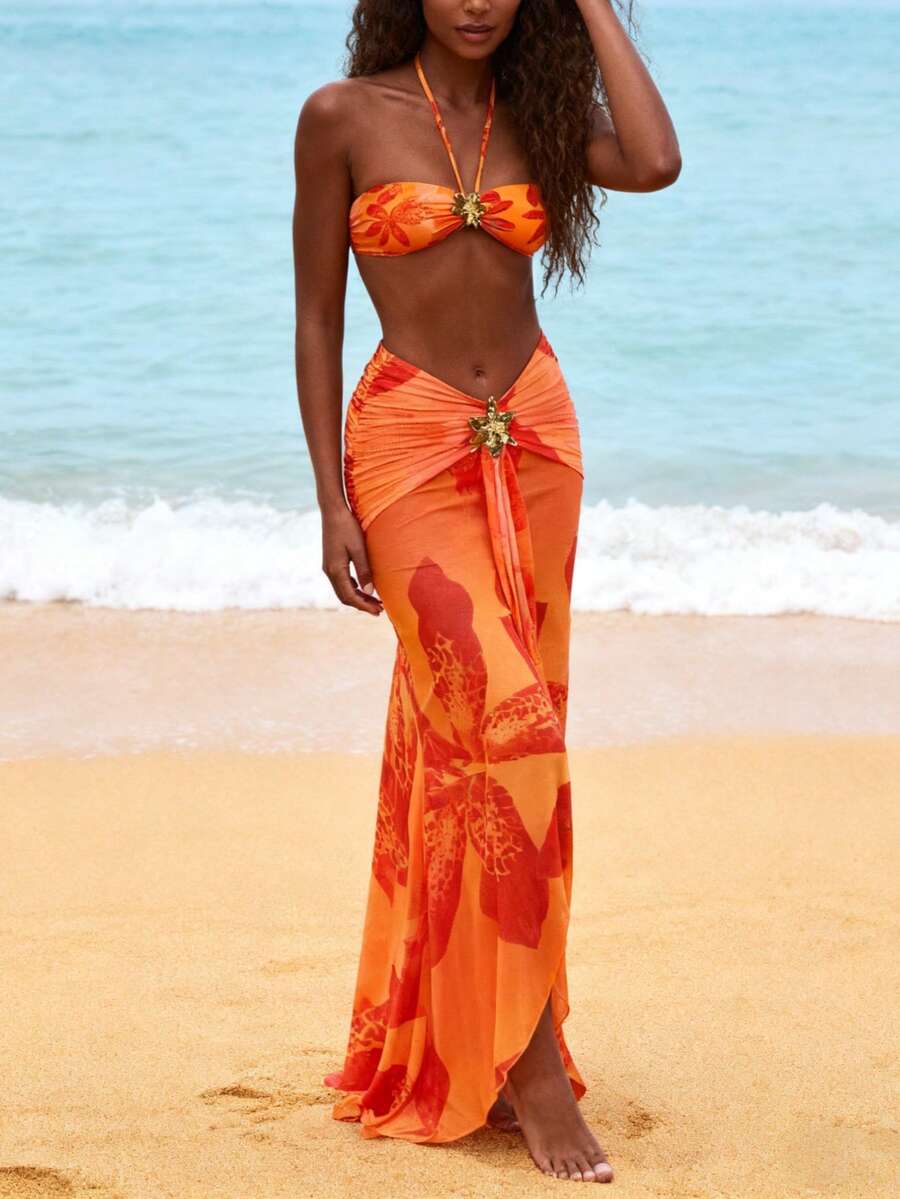 3pcs/Set Elegant Women Orange Orchid Print Bandeau Bikini Set With Swim Maxi Skirt For Summer Beach Vacation Holiday Outfit