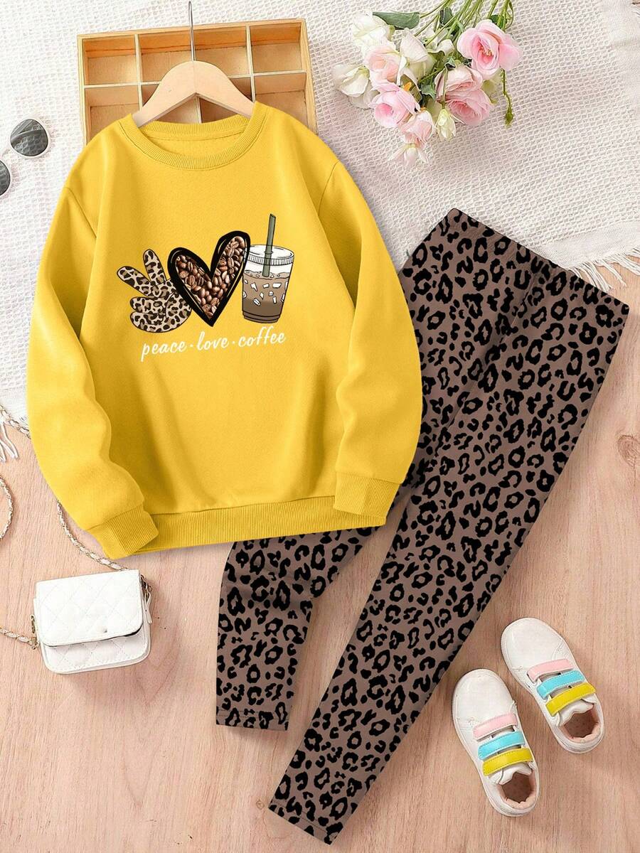 Tween Girls Leopard Heart & Letter Print Comfy Loose Sweatshirt And Leopard Print Soft Pants Set - Yellow - View 1