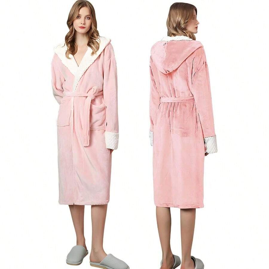 Sebami Bata de Baño de Felpa Con Capucha para Mujer Albornoz de Franela Gruesa Térmico Adecuado para Invierno Camisón - como en la foto - Ver 1