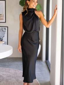 Vestidos De Satén, Vestidos Largos Elegantes Sin Mangas Dama, Alto Elegante De Satén De Alta Gama De Cuello Alto - Negro - Ver 1