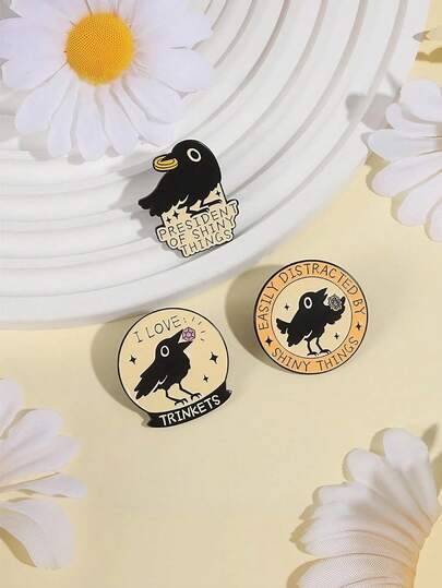 3 pièces Broche mode minimaliste chat, alliage de zinc animal, oiseau, corbeau métal, badge épingle créative cercle géométrique slogan anglais. Cadeau de Noël