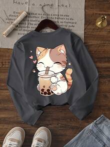 1 件女童休闲印花圆领长袖 T 恤，秋季学生年轻服装上衣 - 有趣的印花 T 恤一定会让孩子们微笑 - 深灰色 - 查看 2