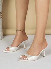 宽楦女士时尚户外性感派对金属尖头柔软米色缎面套脚高跟凉鞋 - 杏色 - 查看 4