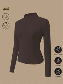 1pc Women Plus Size Thumb Hole Fitted Yoga Fitness Jacket, Suitable For Running And Yoga, All Season - Burgundy - View 2