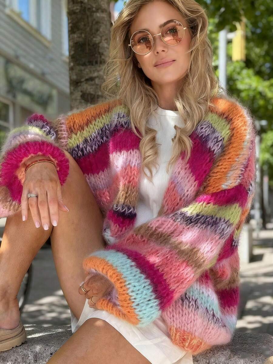 ii Plus Size Women Colorful Striped Drop Shoulder Long Sleeve Loose Knit Cardigan