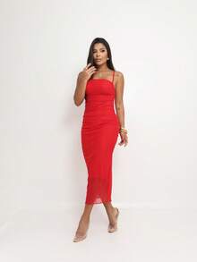 Leopard Print Tulle Midi Dress, Sexy Blogger Look, Thin Straps, Women's Print - 紅色與盧勒克斯 - 查看 4