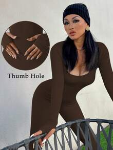 Yefecy 女式罗纹长袖连体裤 - 纯色紧身连体衣，适合瑜伽和健身，无缝 - 咖啡棕 - 查看 4