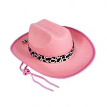 Western Cowgirl Hat For Kids Girl Boy Wide Brim Felt Vintage Fedora Cap With Cow Print Decorative Band - 粉色 - 查看 1