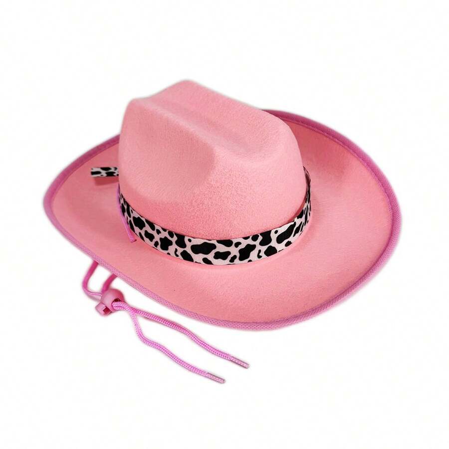 Western Cowgirl Hat For Kids Girl Boy Wide Brim Felt Vintage Fedora Cap With Cow Print Decorative Band - 粉色 - 查看 1