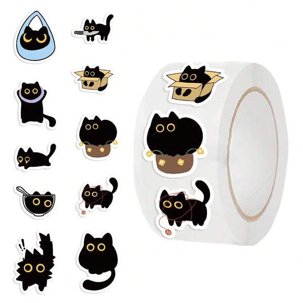 500pcs/Roll Little Black Cat Stickers, Waterproof PVC Self-Adhesive Stickers For Gifts, Baking, Celebrations, DIY, Stationery, Scrapbooking, Back To School