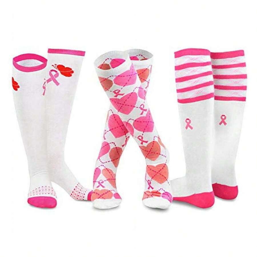 Breast Cancer Awareness Knee High Socks Women 3-Pack Pink/White - As Picture 687 - View 1