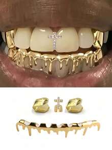 1Pc/ Set Zirconia Cross & Smooth Single Tooth Water Drop Jewelry, Unisex Hip Hop Accessories, Valentine's Day Gift, Party/Nightclub Decor, Adjustable Size, Funny Stage Props European And American Hip-Hop Set, Personalized Gold Teeth, Halloween Cool Dentures, Punk Gold-Plated ,(Random Delivery) - Multicolor - View 2
