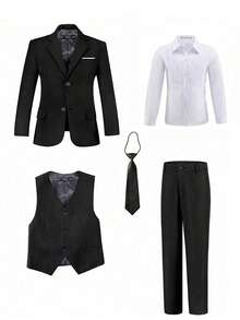 Boys Suits 5-Pieces Suit Set Toddler Tuxedos Dresswear Ring Bearer Outfit Wedding Blazer Vest Pants Shirts Tie Formal Suits For Kids Black Size 3-10Y