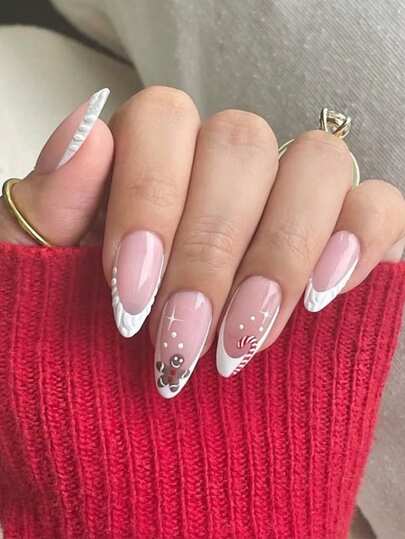 ARTAUG 24 Stücke Weihnachts-Mandel-Kunstnägel mit Lebkuchenmann und Schneeflocken, überall auf den Nägeln Schneeflocken-Punkte, 1 Stück Nagelfeile & 1 Stück Nagellack-Aufkleber-Set, Nägel für Mädchen und Frauen, Geschenk für Festivalparty, Date und täglichen Gebrauch, Herbst-Nägel, Aufklebe-Acrylnägel, Aufklebe-Nägel, Nagelset, Weihnachten