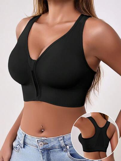 Women's Black High-Support Front-Zip Stretch Sports Bra Wire-Free Seamless Bra Lifting And Form-Fitting Bra Moisture-Wicking Design Padded Breathable Mesh Lining Sports Bra For Fitness, Yoga, And Running