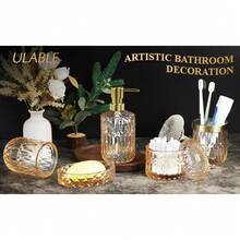 Gold Bathroom Accessories Set, 5 Pcs Glass Bathroom Accessories With Lotion Soap Dispenser, Soap Dish, Toothbrush Holder, Tumbler, Cotton Swab Jars, Perfect For Bathroom Theme Gift Bathroom Organizer Storage Back To School - 金色 - 查看 3