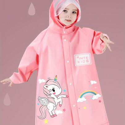 Áo mưa ngoài trời chống thấm nước, họa tiết kỳ lân cầu vồng màu hồng hoạt hình, có túi ba lô mở, thích hợp cho các hoạt động ngoài trời, cắm trại, đi học, có tấm che trong suốt chắn gió, bán lẻ từng chiếc.