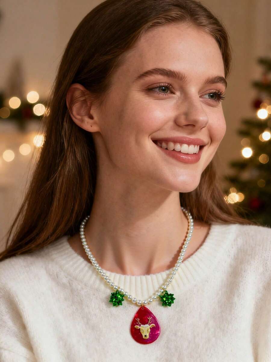 1 pieza Collar de Navidad para mujer, collar de cuentas de perlas falsas, estampado de reno de acrílico rojo, collar colgante con flor de Navidad verde, adecuado como regalo de fiesta de Navidad para mujeres