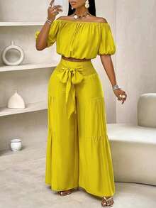 女士休闲纯色短袖上衣 + 抽绳腰长裤 2 件套，女士夏季服装 - 黃色 - 查看 3
